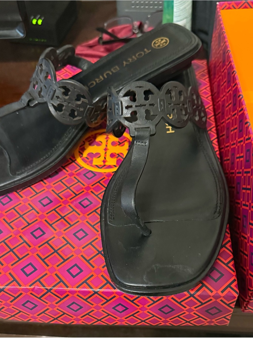 Tory Burch Black Leather Logo Thong Sandals